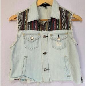 Forever 21 Denim Vest Women Aztec Size S Distressed Frayed Hem Boho Festival